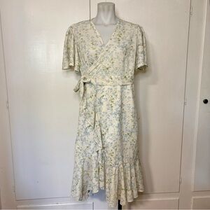 Vintage 70s White Blue Floral Ruffle Trim Knee Length Wrap Dress